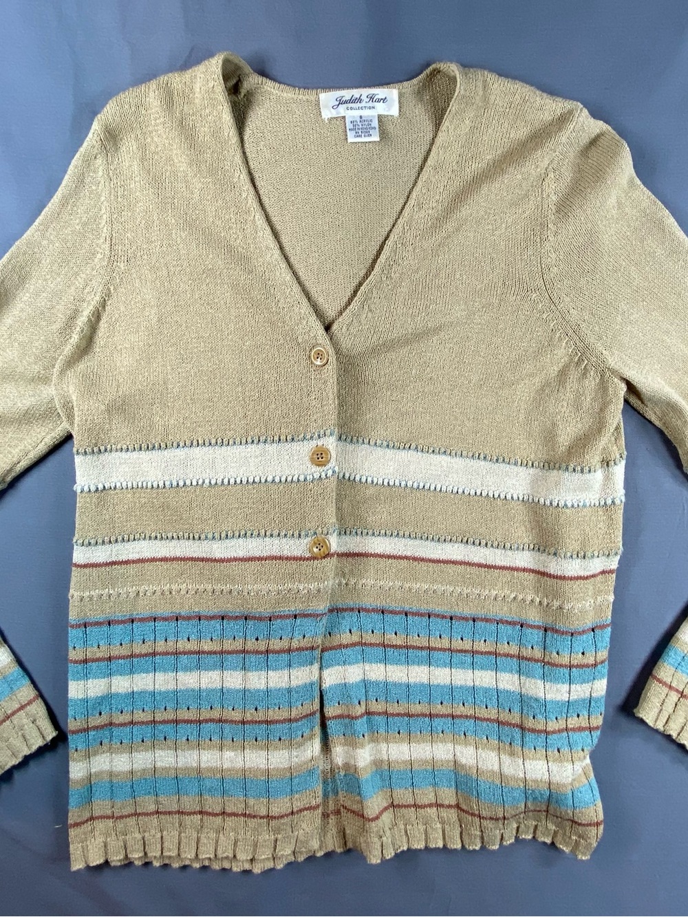 Vintage Judith Hart Tan Striped V-Neck Button Cardigan size S